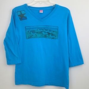 LAT Teal Top with Shore Birds and Starfish Size M